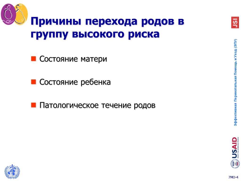 Причины перехода родов в группу высокого риска Состояние матери Состояние ребенка Патологическое течение родов